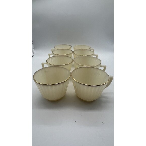 Set of 8 Vintage Macbeth Evans Milk Glass Tea Cups with Gold Trim - Picture 1 of 5